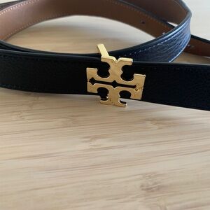 Tory Burch Black and Brown Belt with Gold Emblem